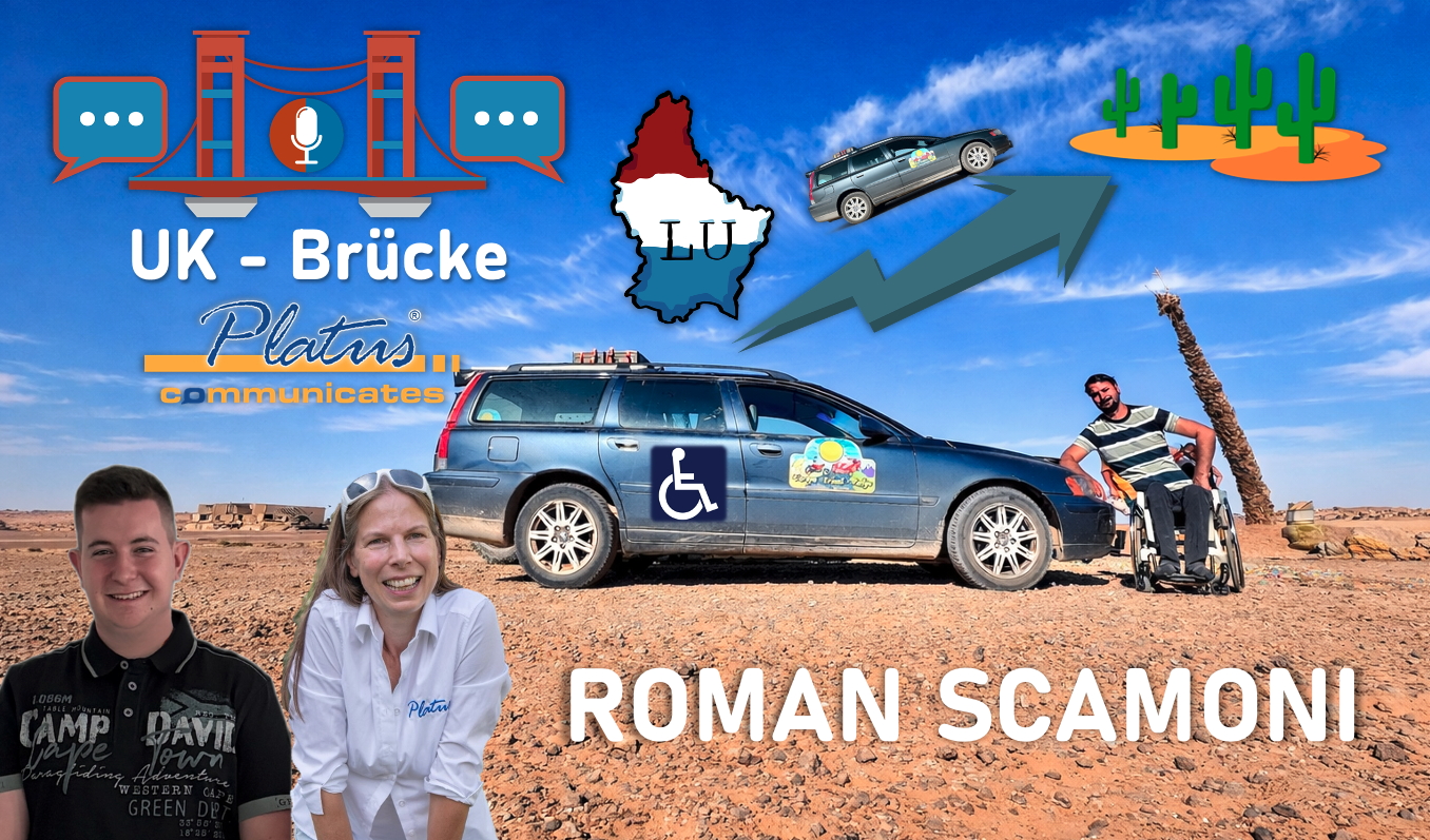 Live-Podcast-Show (UK-Brücke – der Inklusionspodcast): Roman Scamoni im Rollstuhl bei der Europa-Ori
